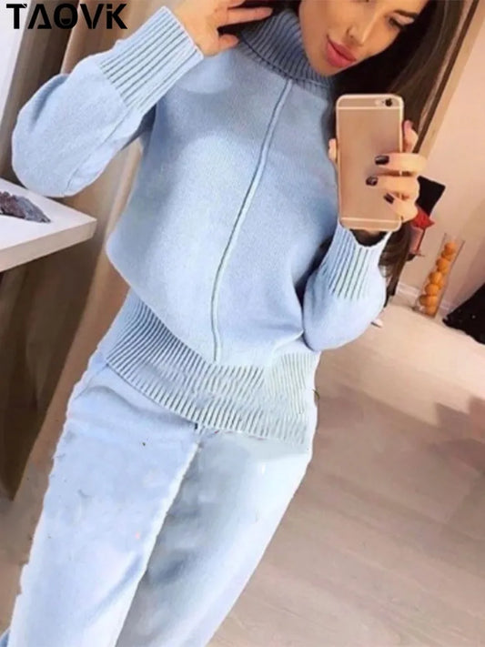 Women's Woolen Knitted Suit High Collar Sweater + Pants Loose Style