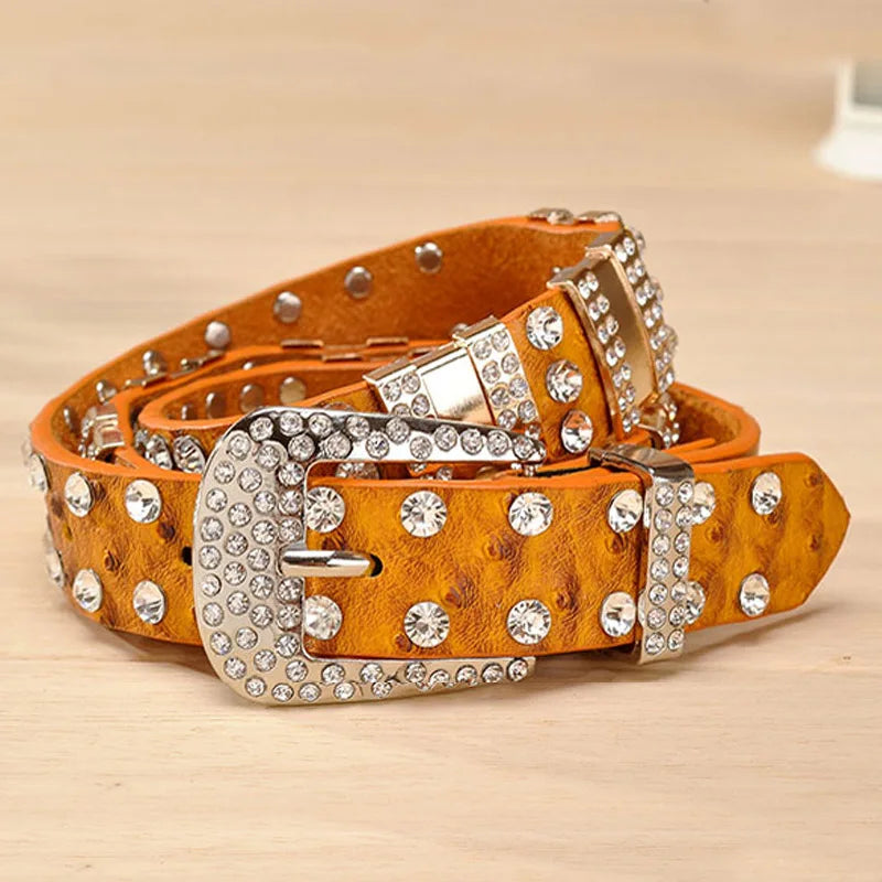 Rhinestone Belts for Women Leather Belt Second Layer Skin Strap Female