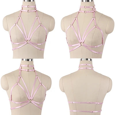 Original Design Pink Collar Bow Harness Bra Kawaii Open Chest Bondage Body Cage