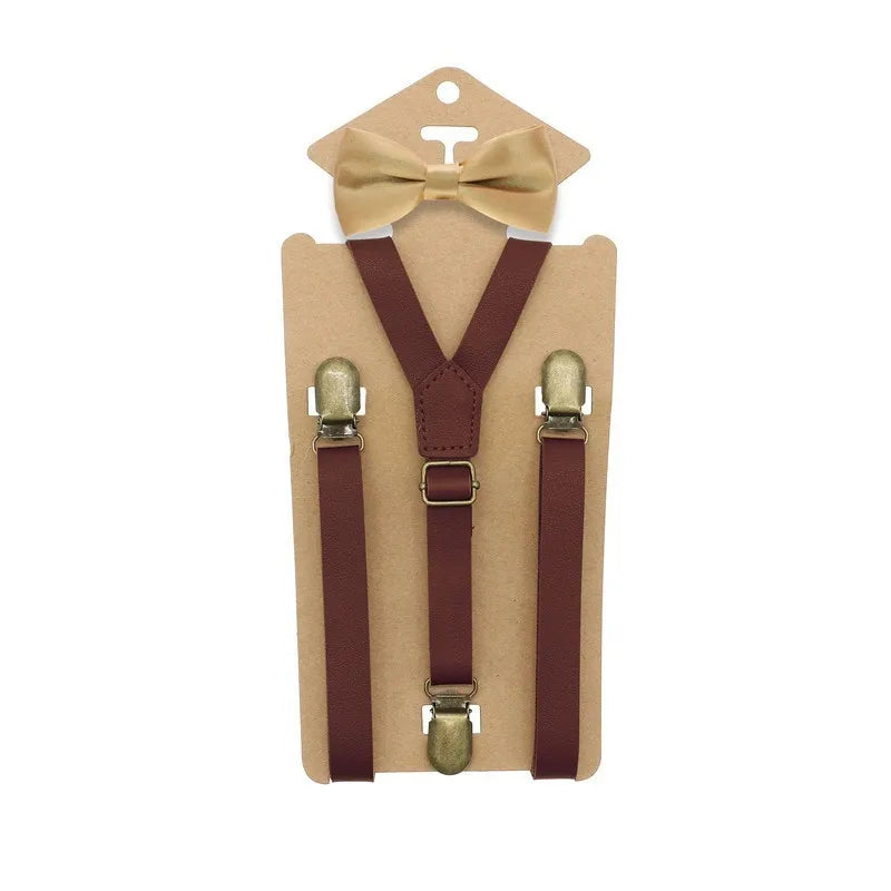 Y Back Kid Brown Tan Leather Suspender and Bow Tie Ring Bowtie Set