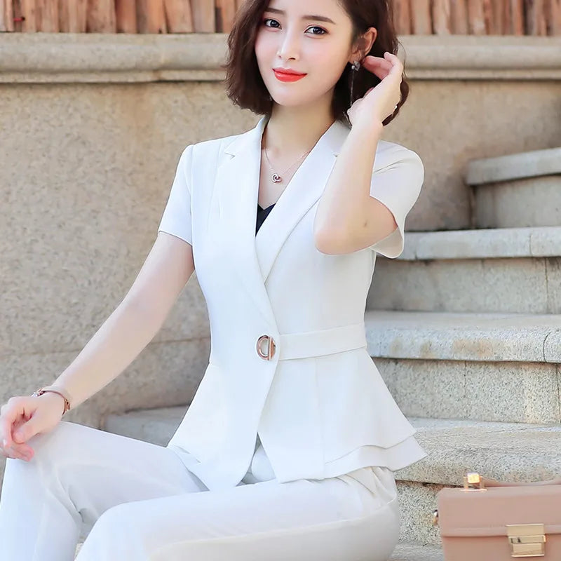 Short Sleeve Slim Blazer and Trousers Business Temperament Office Lady Work Wear