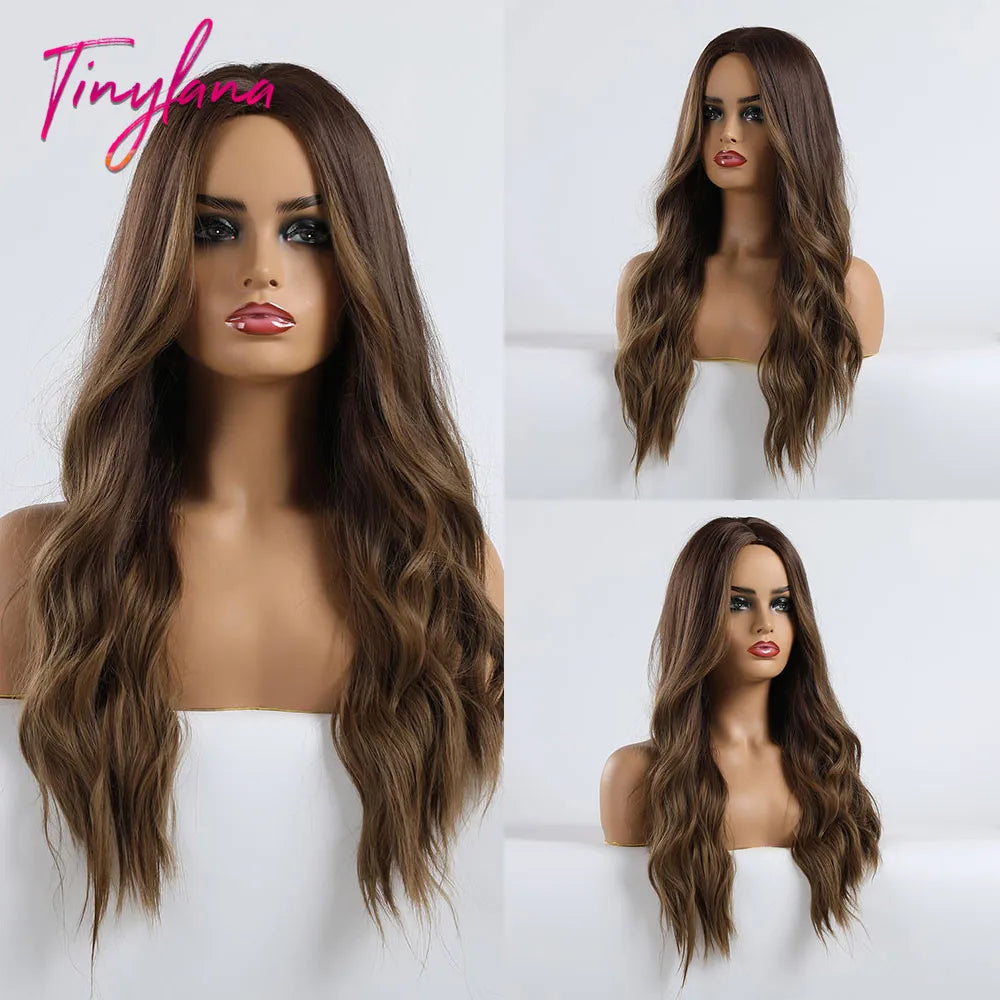 Synthentic Wavy Wigs Brown Blonde Middle Part Wigs With Bangs