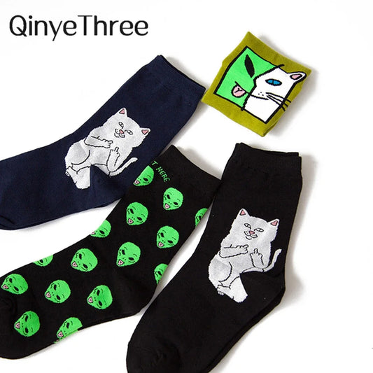 Women Art Funny Alien Planet Creative Funny Cartoon Cat Cotton Socks