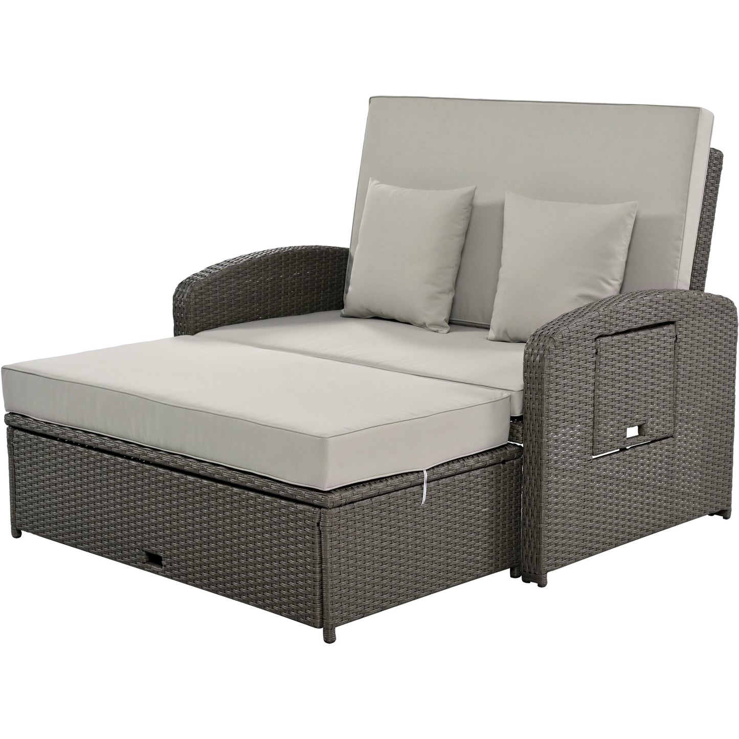 PE Wicker Rattan Double Chaise Lounge, 2-Person Reclining Daybed