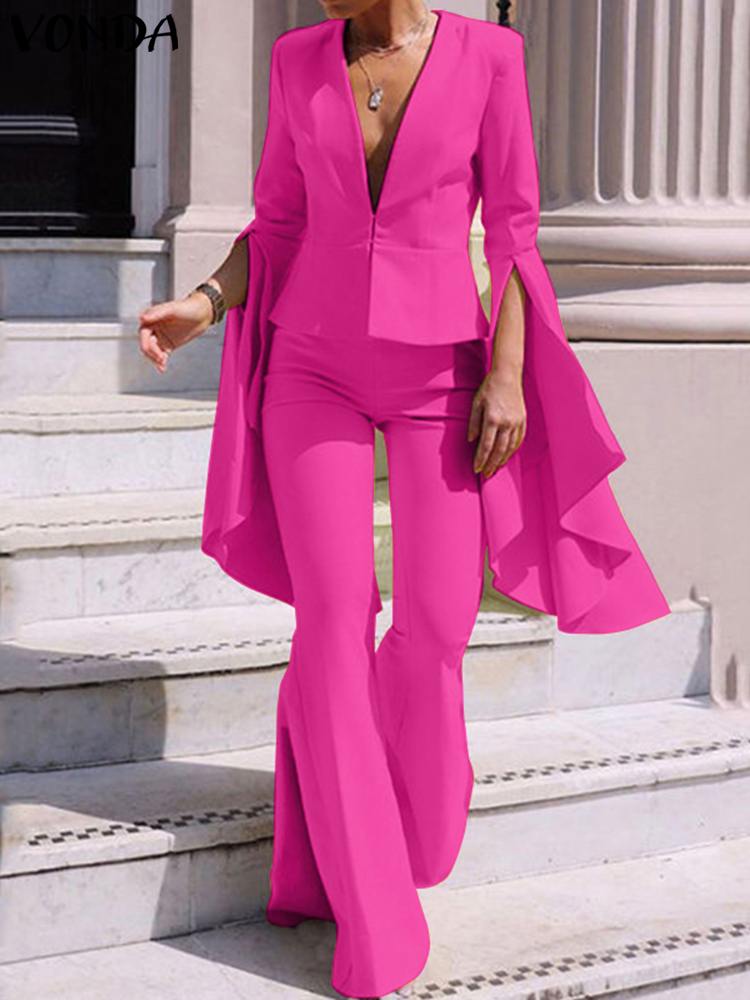 Pants Suits Women Flare Sleeve v Neck Tops and Long Bell Bottoms