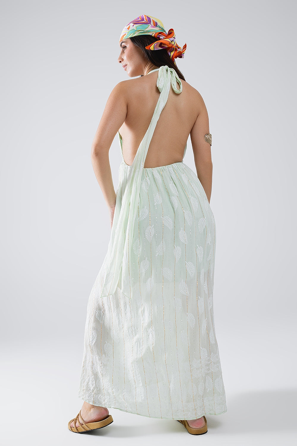 Midi Halter Dress in Mint Leaf Print With Lurex Details