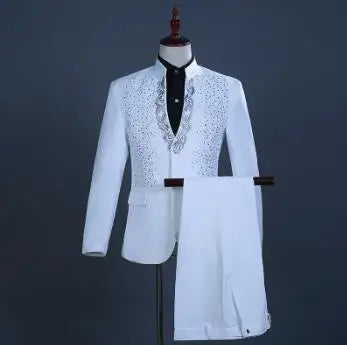 White Embroidered Diamond Suit Men Wedding Groom Tuxedo Suits