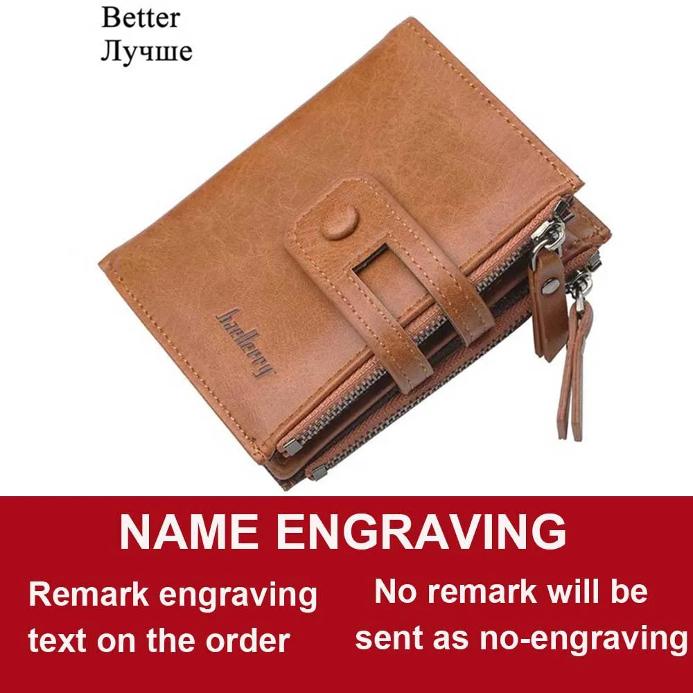 Name Engraving Men Wallets Leather Double Zipper