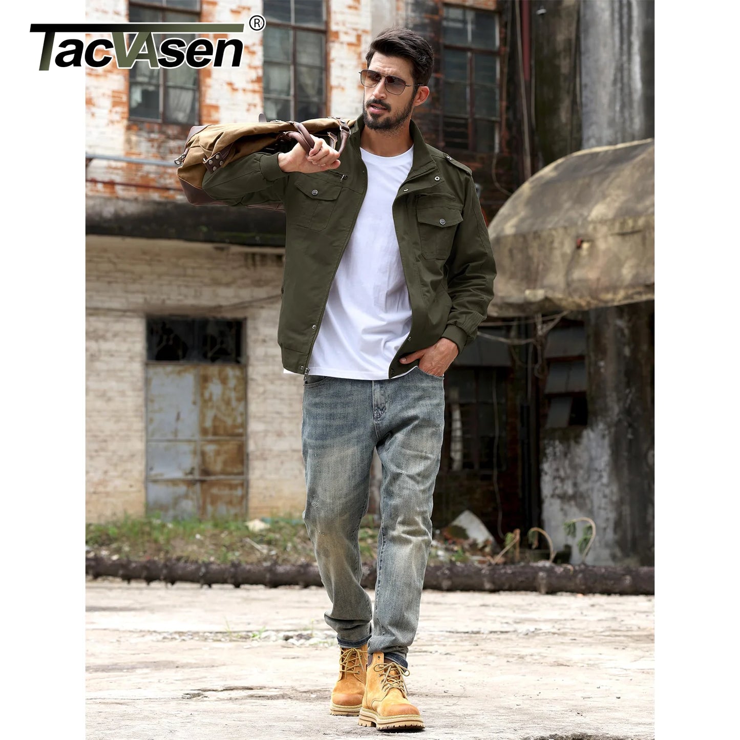 TACVASEN Pilot Bomber Jacket Coats Mens Cotton Cargo Jackets With Zipper Pockets