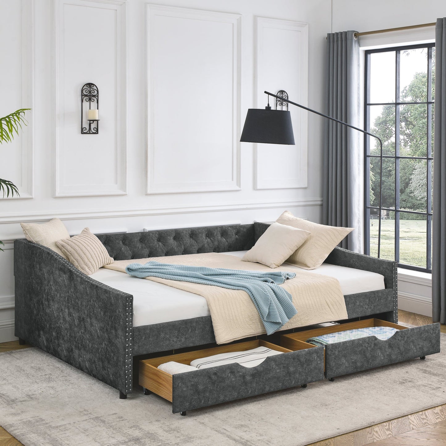 Queen Size Daybed With Drawers Upholstered Tufted Sofa Bed