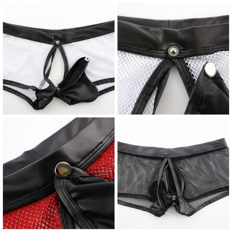 Stretched Mesh Fabric for  Male Sexy Transparent Mesh Leather Pants