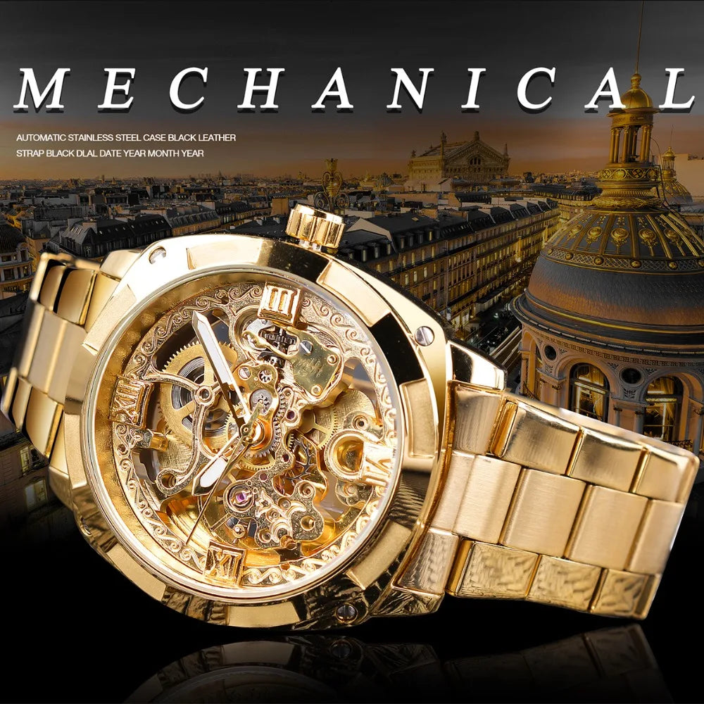 Transparent Men's Automatic Mechanical Full Golden Luminous Hands Skeleton Watch