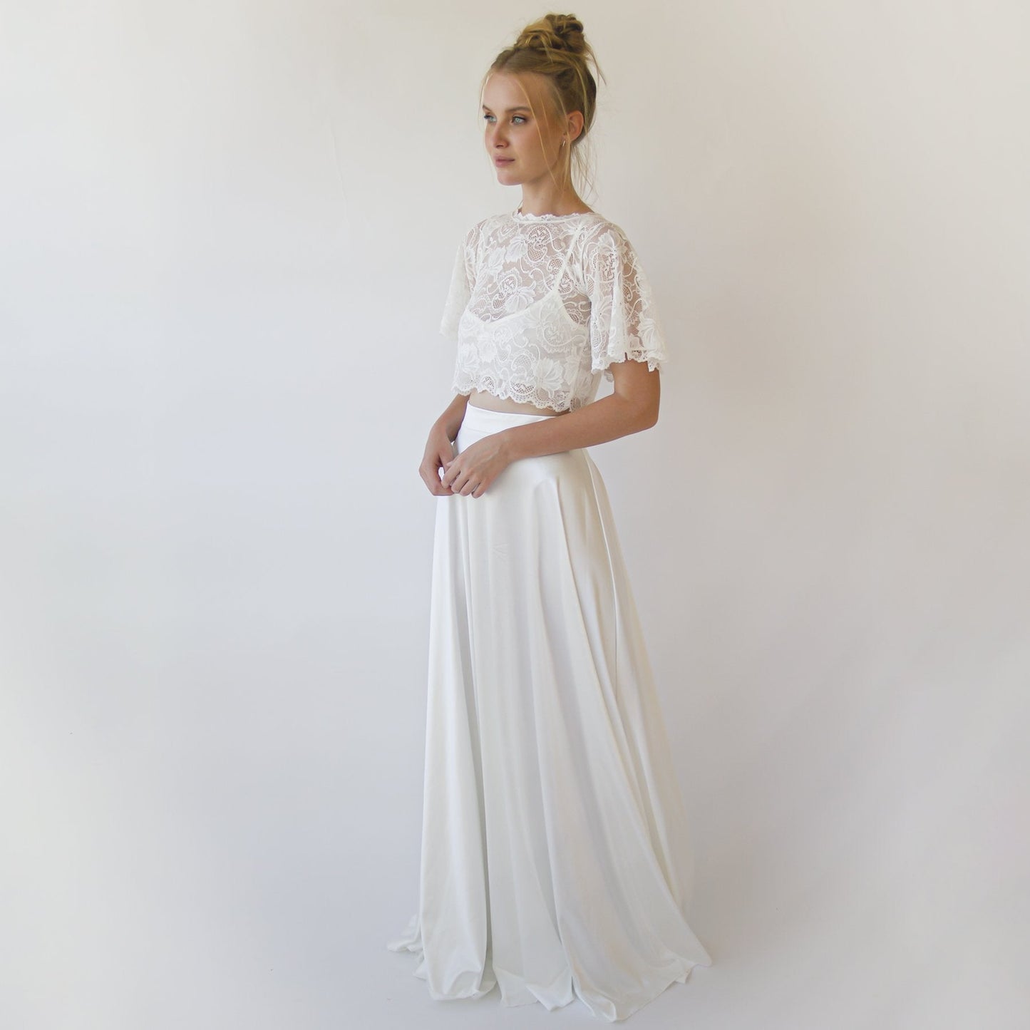 Wedding Dress Separates, Silky Wedding Maxi Skirt and Lace Cropped Top #1353