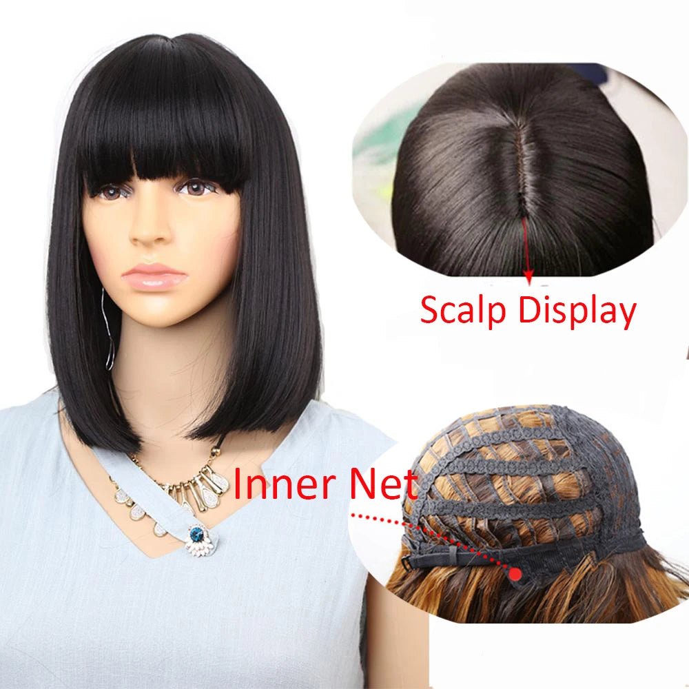 Straight Black Synthetic Wigs With Bangs Hair Bob Wig Heat Resistant