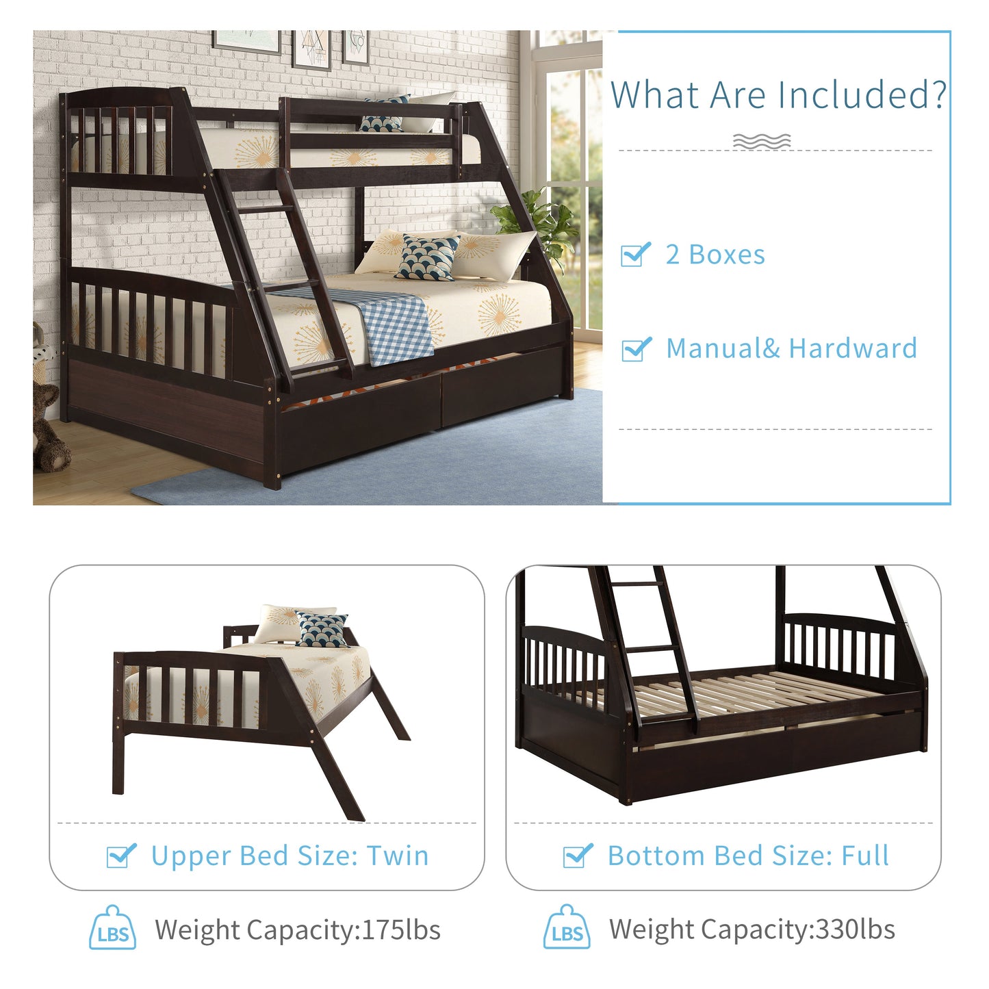 Solid Wood Twin Over Full Bunk Bed With Two Storage Drawers, Espresso