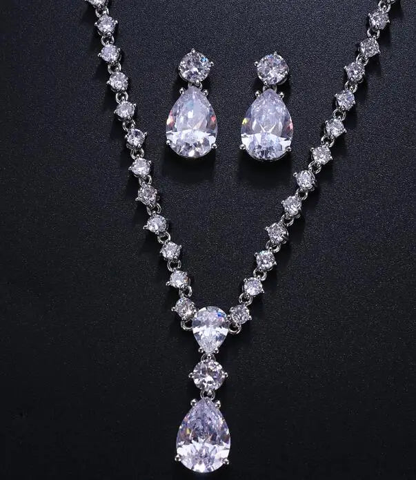 Simple Cubic Zirconia Crystal Women Earrings Necklace Set