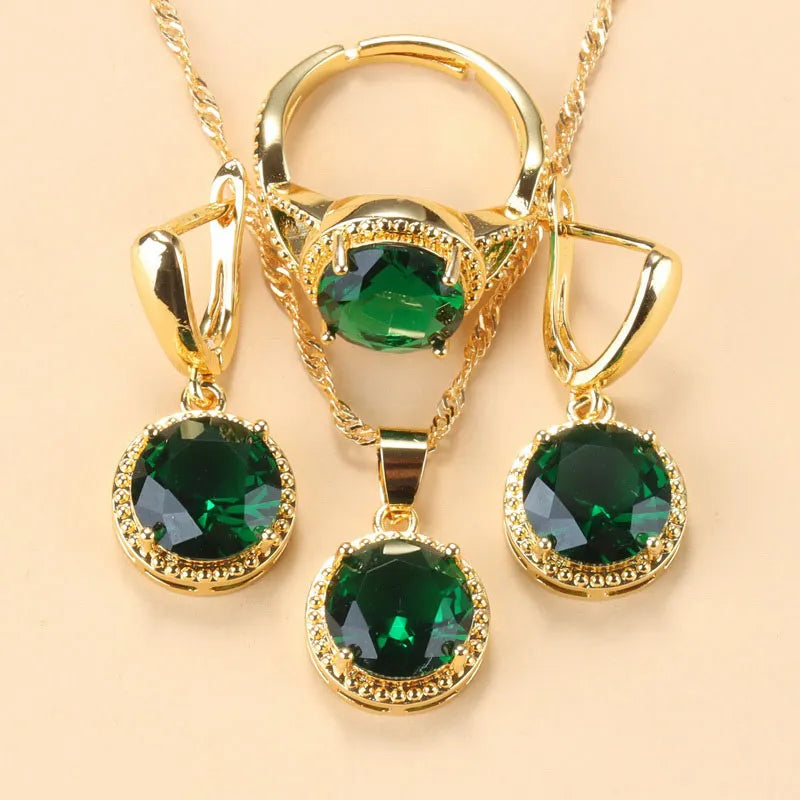 Silver Jewelry Sets Green Cubic Zirconia Necklaces Pendants Earrings and Ring