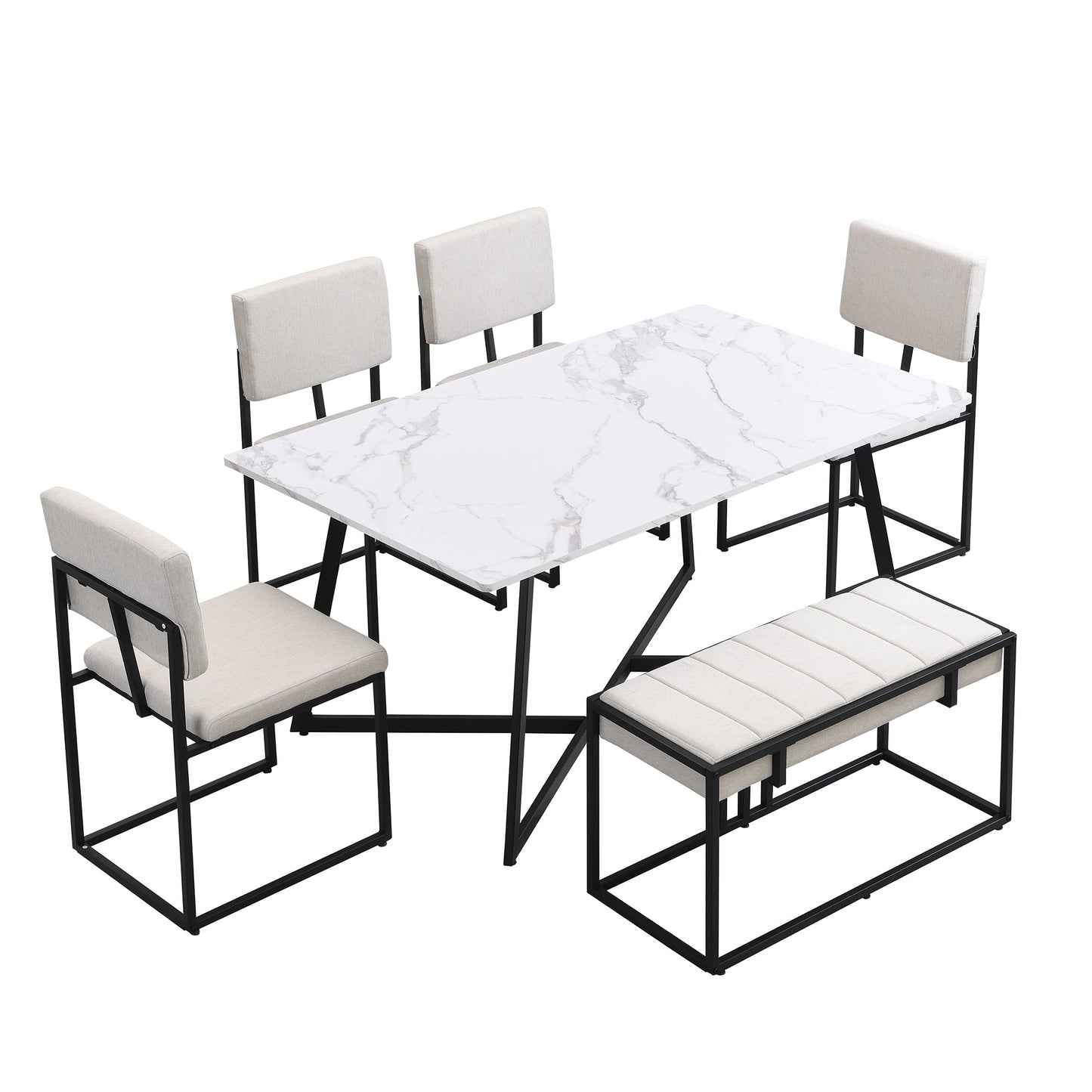 Modern Faux Marble 6-Piece Dining Table Set Dining Chairs and Bench