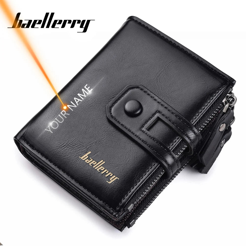 Name Engraving Men Wallets Leather Double Zipper