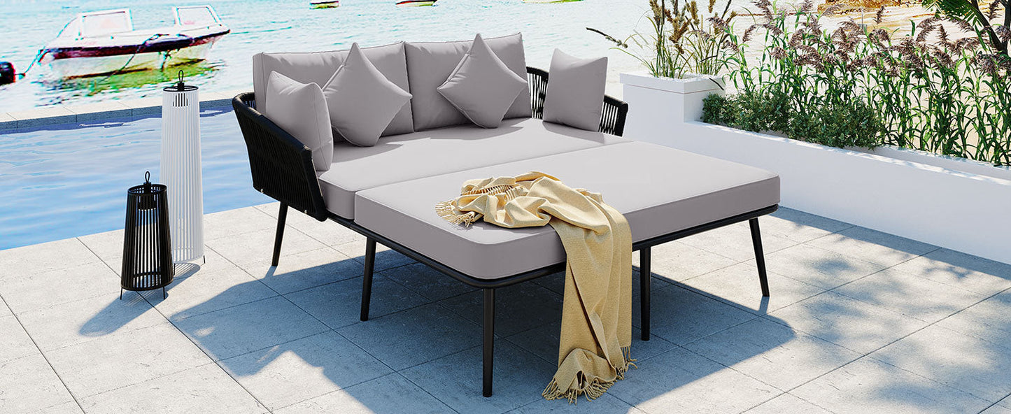 Outdoor Patio Daybed, Woven Nylon Rope Backrest With Washable Cushions