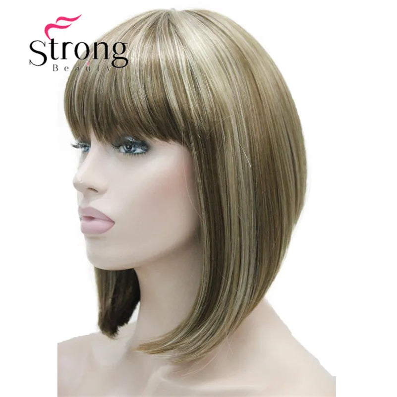 Short Straight Blonde Highlighted Bob With Bangs Synthetic Wig