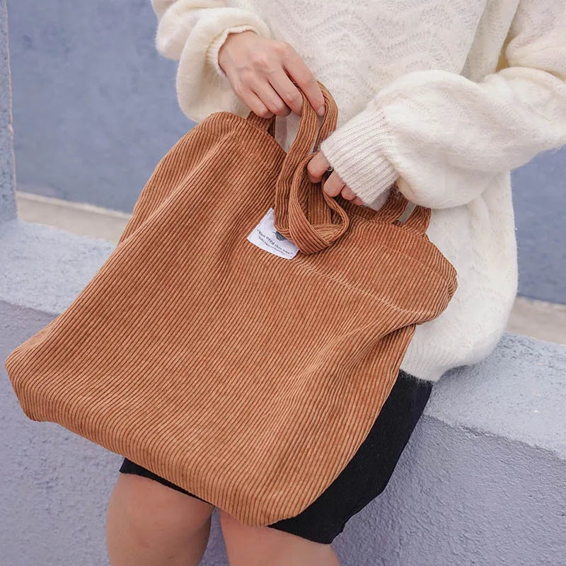 Women Corduroy Canvas Handbag Female Cloth Shoulder Bags Reusable Folding Bags