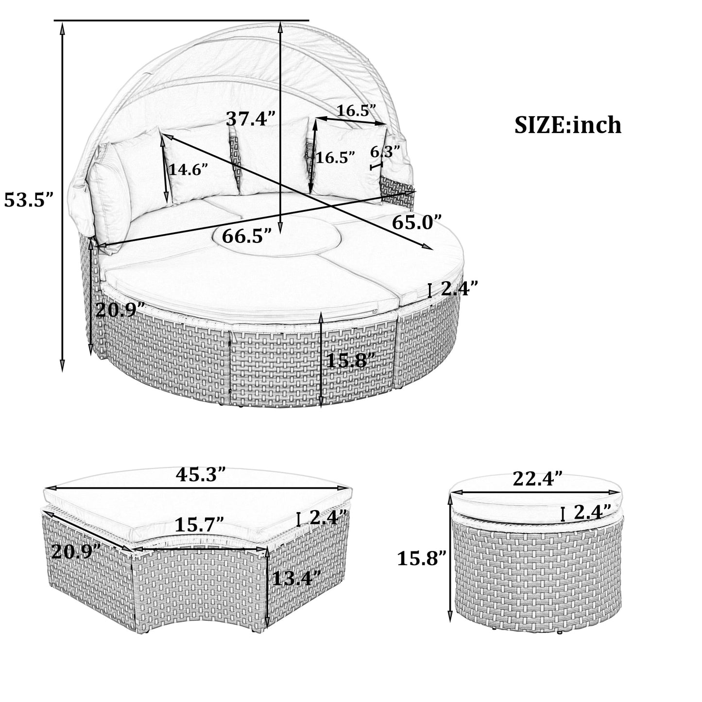 Patio Furniture Round Outdoor Sectional Sofa Set Rattan Daybed