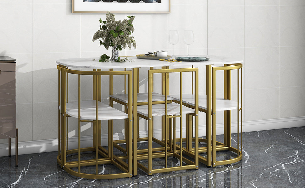 Modern 7-Piece Dining Table Set With Faux Marble Compact 55Inch