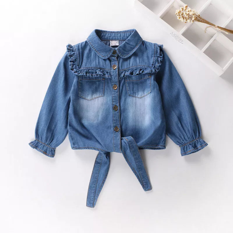 Summer Shirt Cotton Girls Clothes Casual Ruffles Denim Blouse