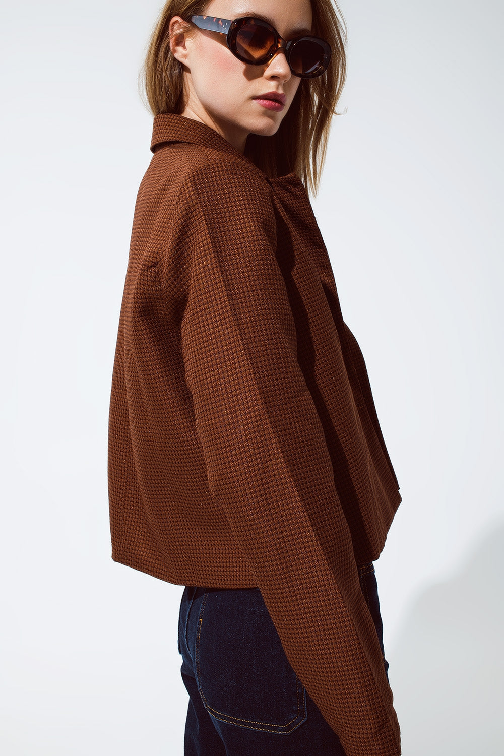 Oversized Cropped Blazer Vichy Design and Metallic Details in Brown