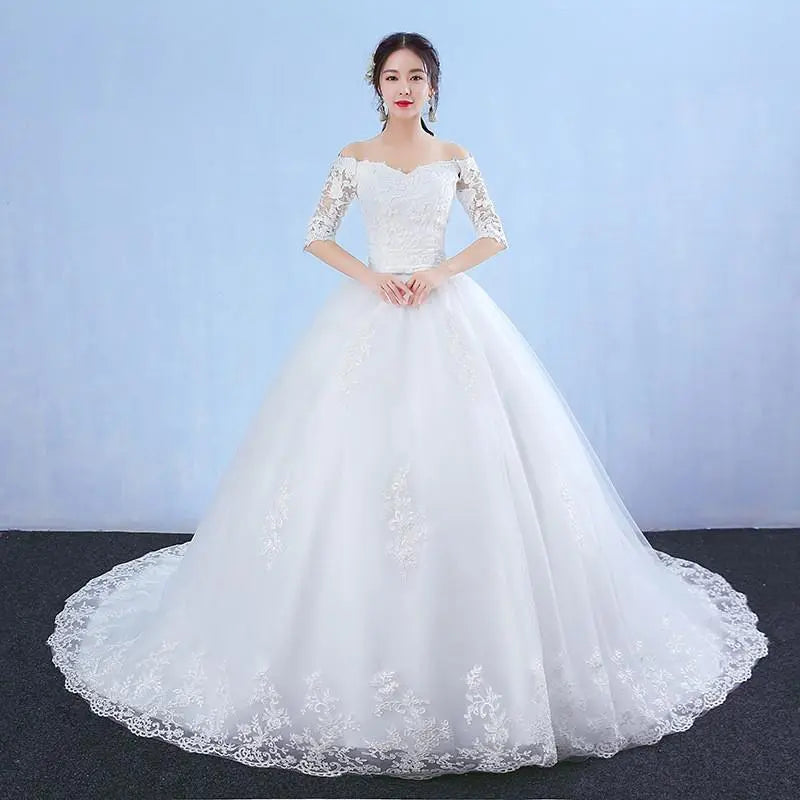 Wedding Dress Flowers Butterfly Embroidery Lace Boat Neck Princess Wedding Gowns