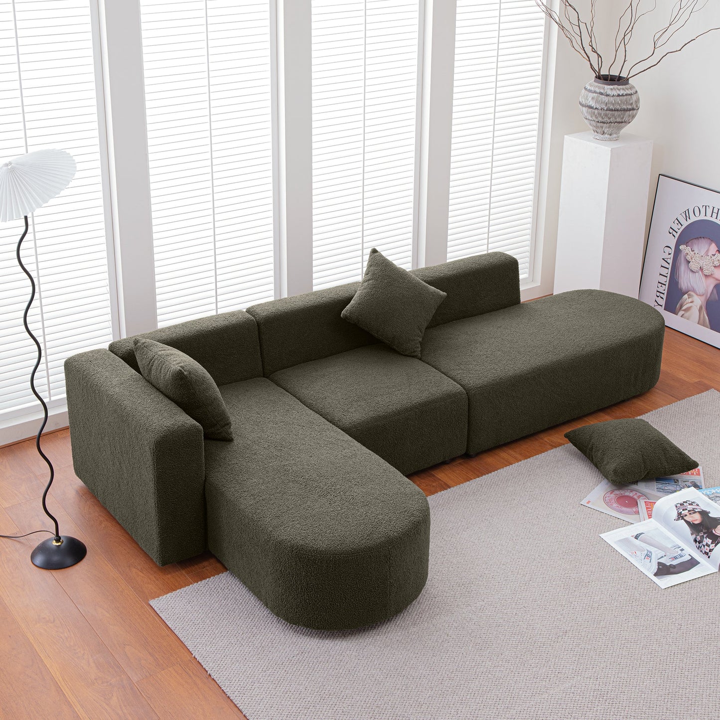 Modern Sectional L Shape Boucle Sofa With Curved Seat (Facing Left)