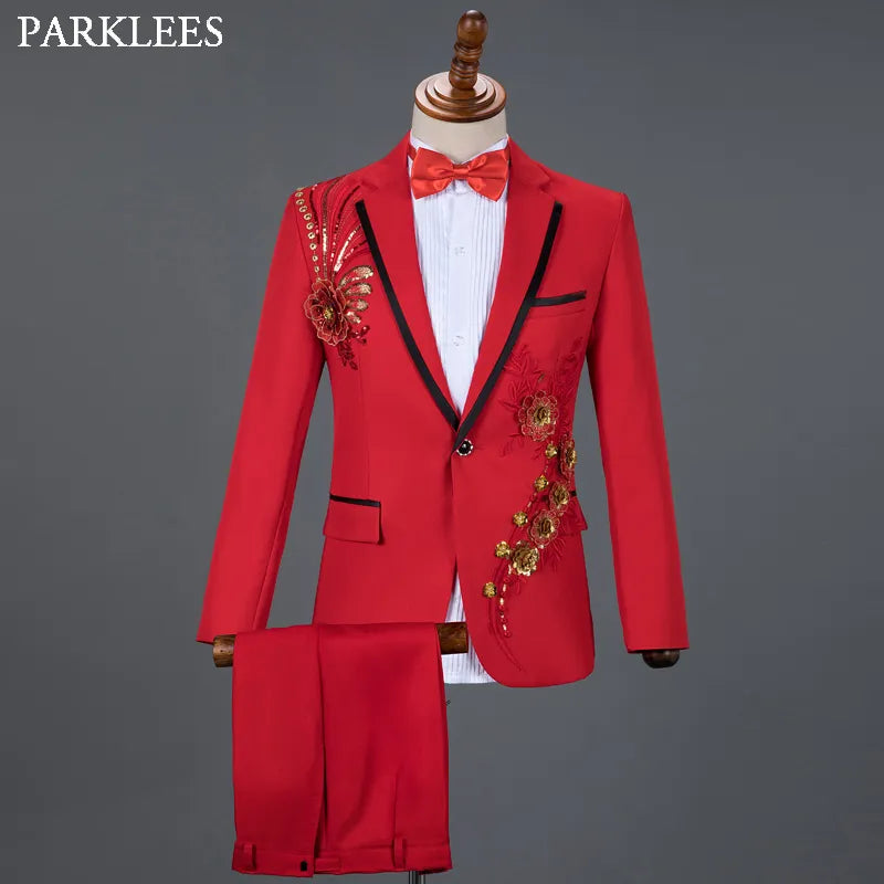 Red Diamond Floral Men Suits for Wedding Mens Suits 3 Piece Blazer+Pant+Bow Tie