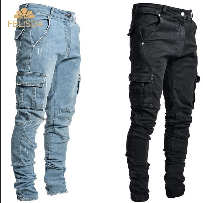 Plus Size Cotton Jeans Men Trousers Casual Multi Pocket Cargo Jeans