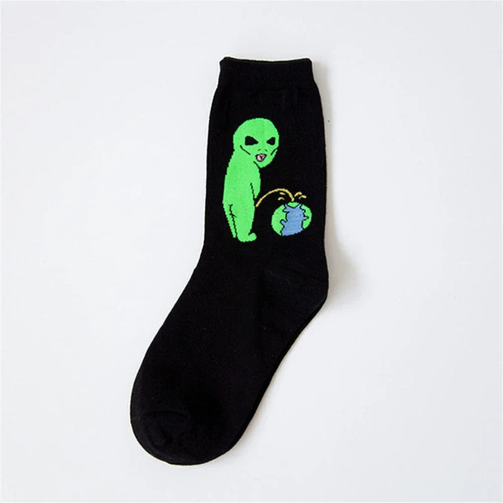 Women Art Funny Alien Planet Creative Funny Cartoon Cat Cotton Socks