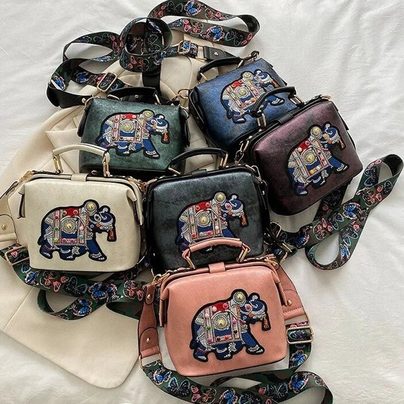 Vintage Embroidery Elephant Bag Bags Wide Butterfly Strap PU Leather Purses