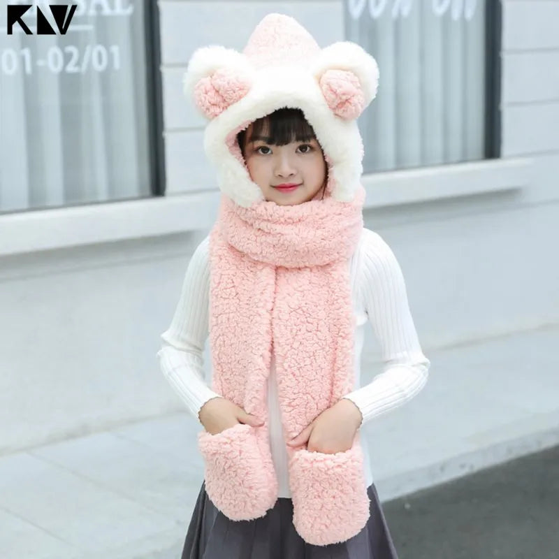 Warm Plush Winter Hat Cute Bowknot Bear Ears Scarf Gloves Hoodie Cap