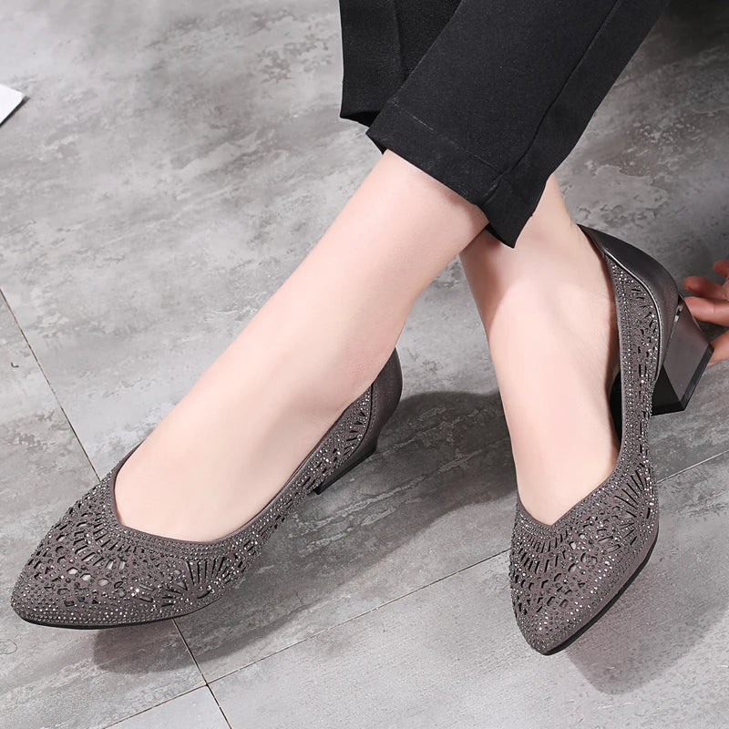 New Summer Fashion Pumps Cut-Outs Women Crystal Casual Ladies Shoes Leather