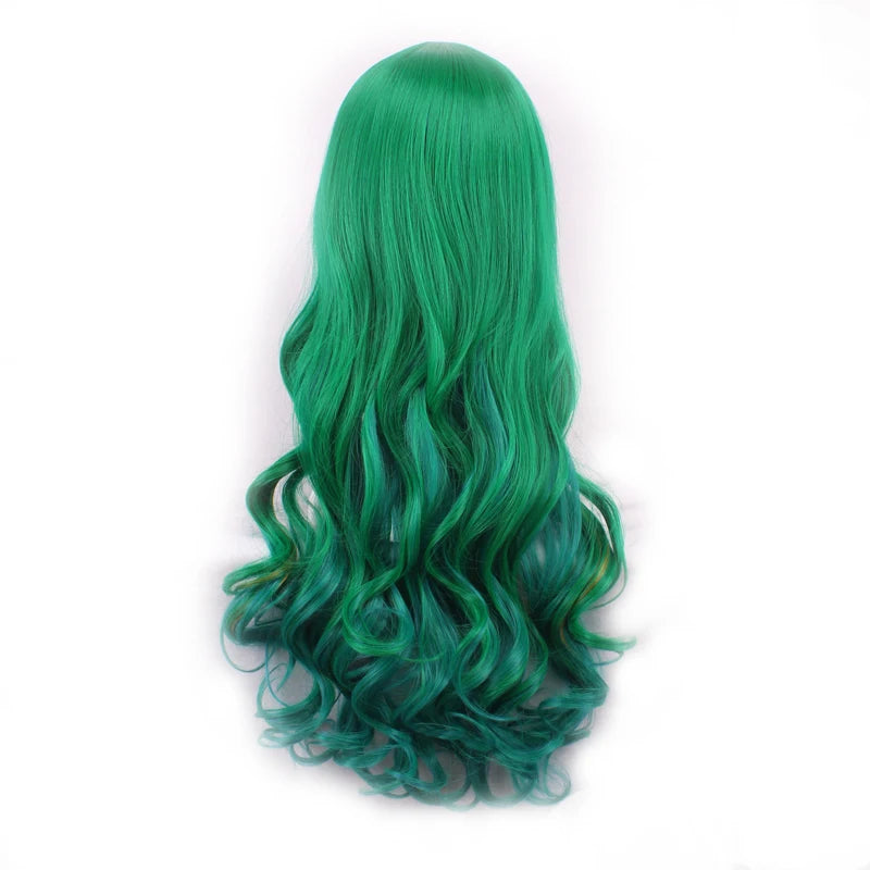 WoodFestival Green Synthetic Long Hair Wavy Wig With Bangs