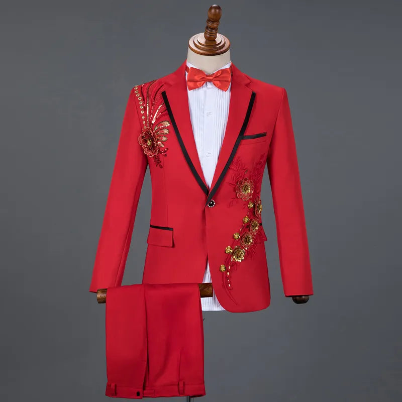 Red Diamond Floral Men Suits for Wedding Mens Suits 3 Piece Blazer+Pant+Bow Tie