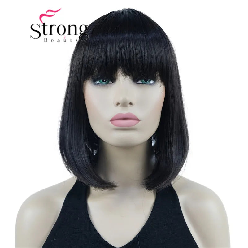 Short Straight Blonde Highlighted Bob With Bangs Synthetic Wig