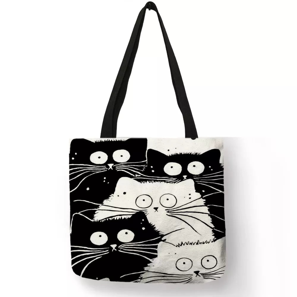 Tote Shopping Bag Cute Cat Printing Women Handbag Linen Totes