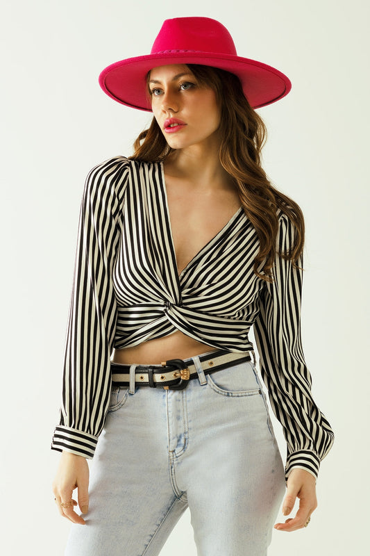 Striped Crop Top With V-Neckline and Twisted Front in Black and White.