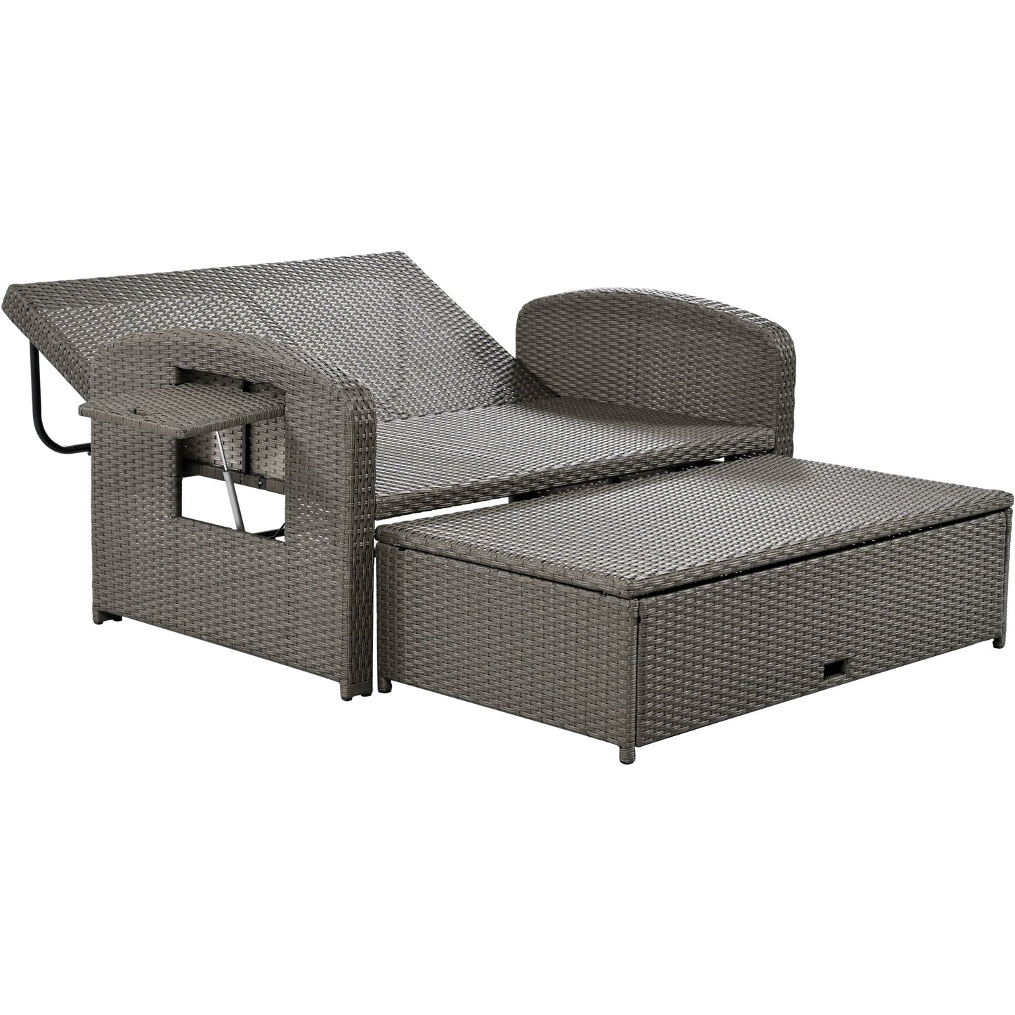 PE Wicker Rattan Double Chaise Lounge, 2-Person Reclining Daybed