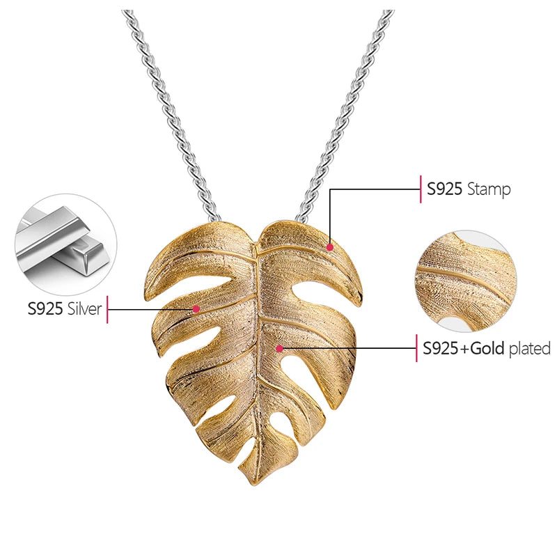 Silver Handmade Fine Jewelry 18K Gold Monstera Leaves Design Pendant