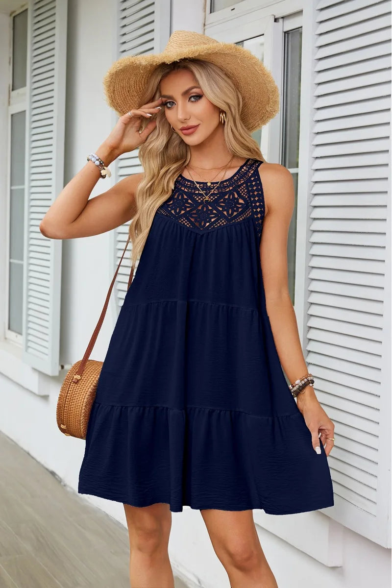 Women's Dresses Hollow Lace Stitching Halter Neck A-Word Dress Casual Dresses