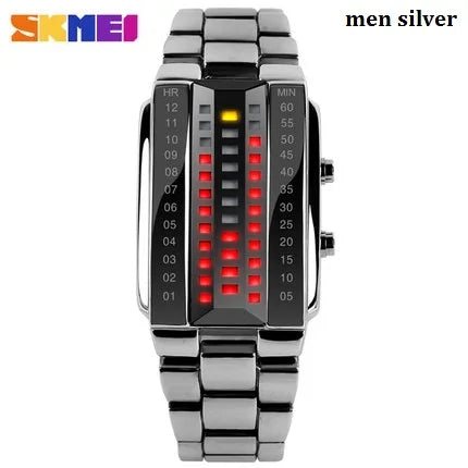 Waterproof Men Stainless Steel Red Binary LED Electronic Display Sport Watches