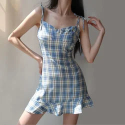 Printing Plaid Sling Short Female Summer Thin Camisole New Mini Dress Skirt