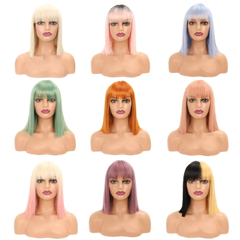 Synthetic Straight Short Bob Wigs With Bangs