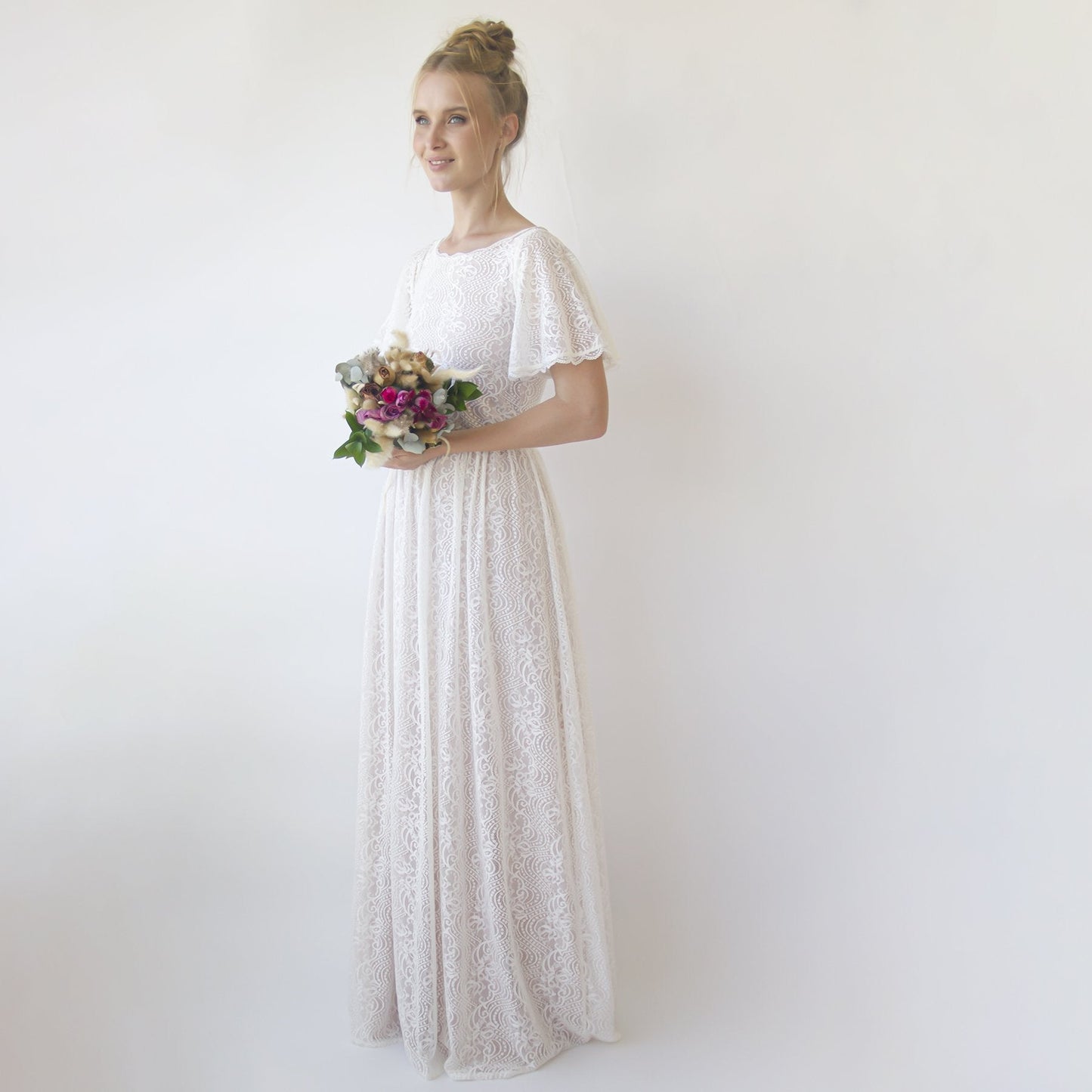 Vintage Lace Wedding Dress, Short Sleeves Modest Pearly Wedding Dress #1346